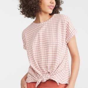 Lou & Grey Loft gingham top blush pink checked front knot blouse